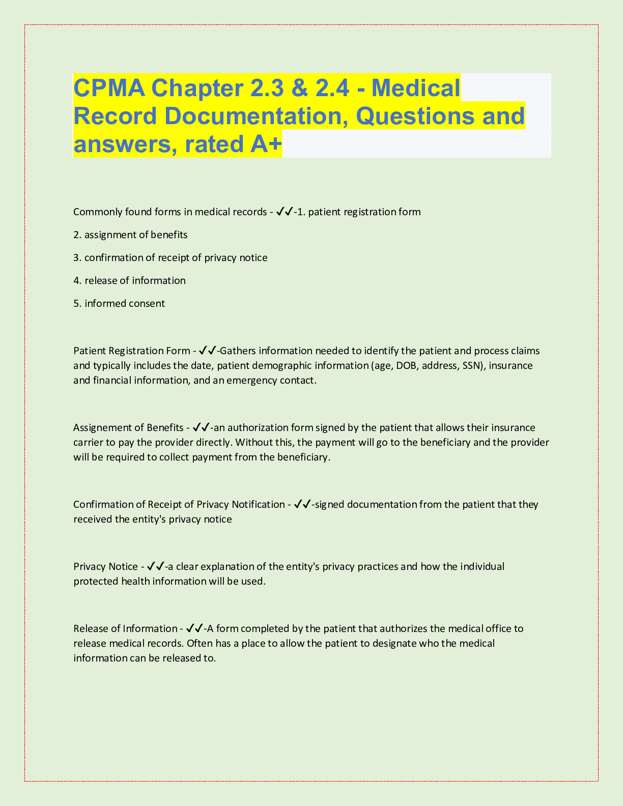 Preview image for CPMA Chapter 2.3 & 2.4 - Medical  Record Documentation, Questions and  answers, rated A+